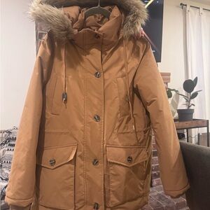 Women's Warm Tan Puffer Coat with Faux Fur Hood